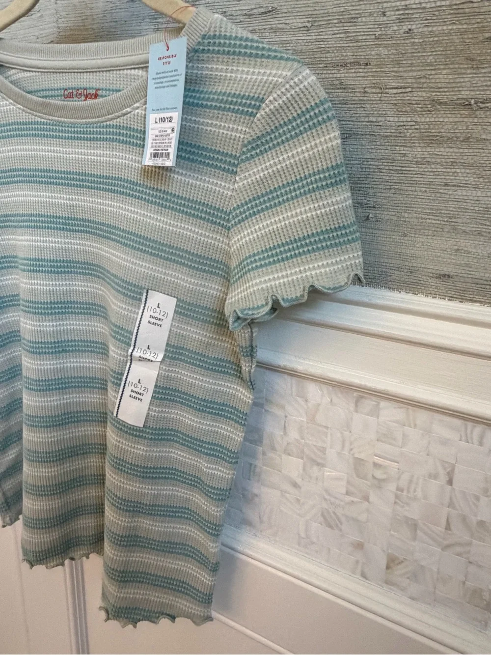 NWT new girls large 10 12 cat & jack waffle knit Striped shirt Top Cream Teal